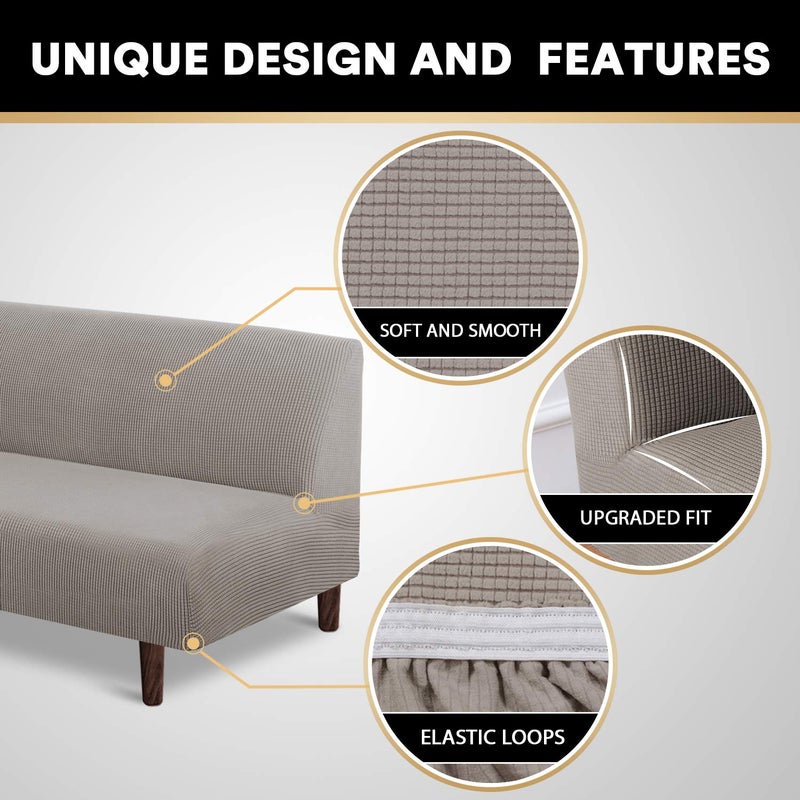PrinceDeco Stretch Armless Futon Slipcover Full Queen Size Couch Cover Sofa Bed Cover Furniture Protector with Elastic Bottom, Checked Pattern Jacquard, Taupe - Image 3